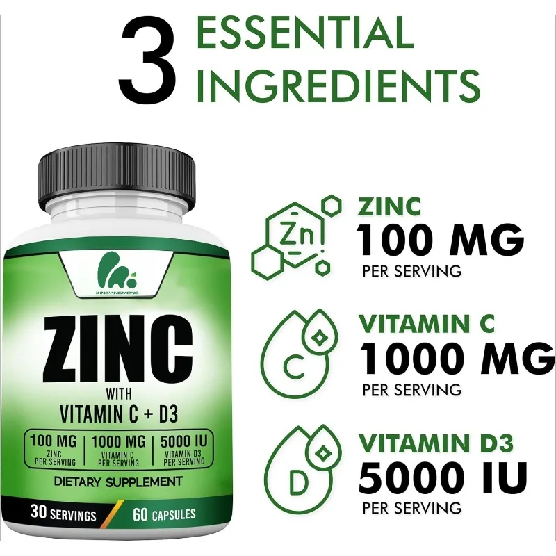 Zinc 100mg, Vitamin C 1000mg, Vitamin D3 5000IU (125mcg) Per Serving - Gluten Free, Non GMO, 60 Capsules, 30 Servings
Zinc 100mg, Vitamin C 1000mg, Vitamin D3 5000IU (125mcg) Per Serving - Gluten Free, Non GMO, 60 Capsules, 30 Servings