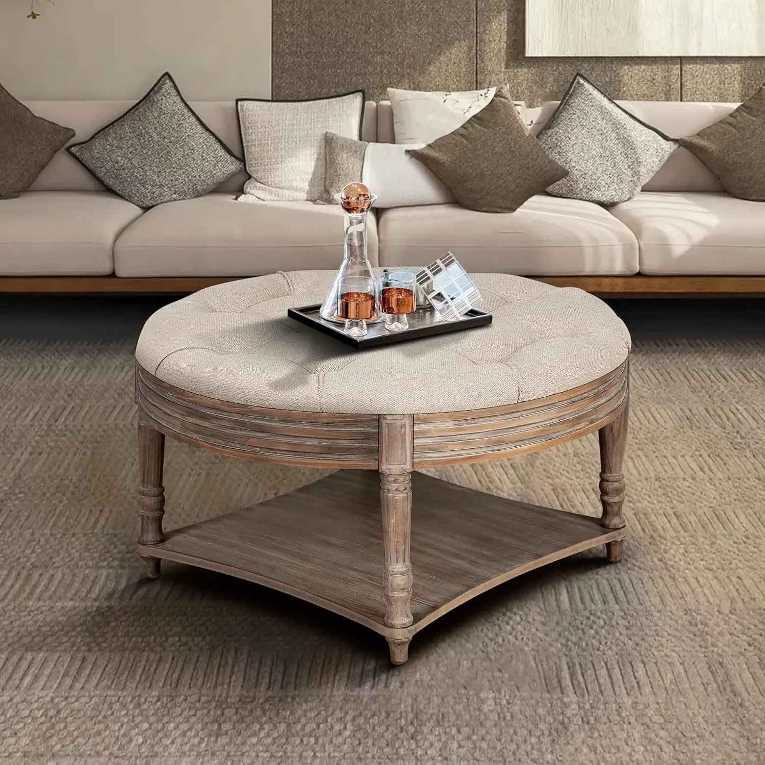 Large Round Coffee Table 2 Tier Oversized Button Tufted Ottoman with Wooden Shelf Storage Farmhouse Upholstered, Customized
Large Round Coffee Table 2 Tier Oversized Button Tufted Ottoman with Wooden Shelf Storage Farmhouse Upholstered, Customized