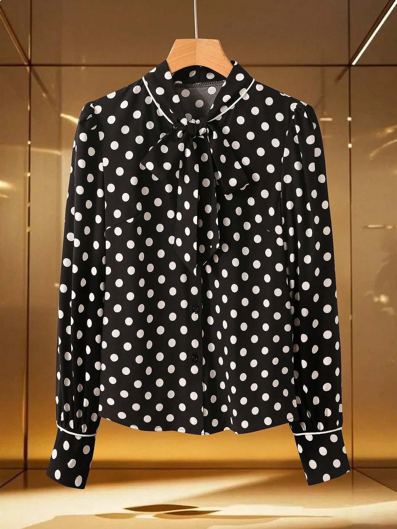 Elegant Polka Dot Print Shirt Bow Tie Neck Contrast Piping Long Sleeve Vintage Blouse Women Tops
Elegant Polka Dot Print Shirt Bow Tie Neck Contrast Piping Long Sleeve Vintage Blouse Women Tops