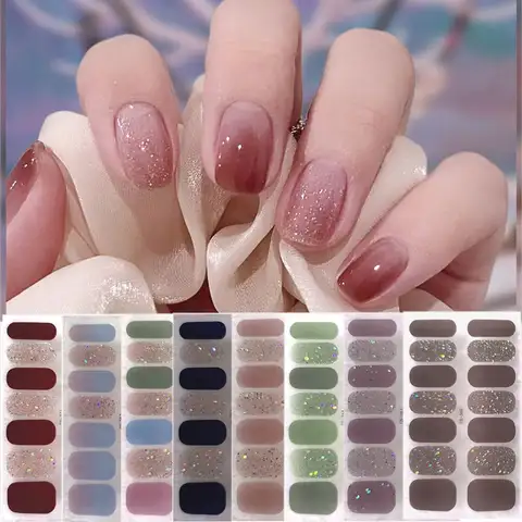 14Tips Foil Gel Nail Stickers Semi Cured Gel Nail Stickers Glittering Nail Art Stickers Self-Adhesive Simple Gel Full Nail Wraps