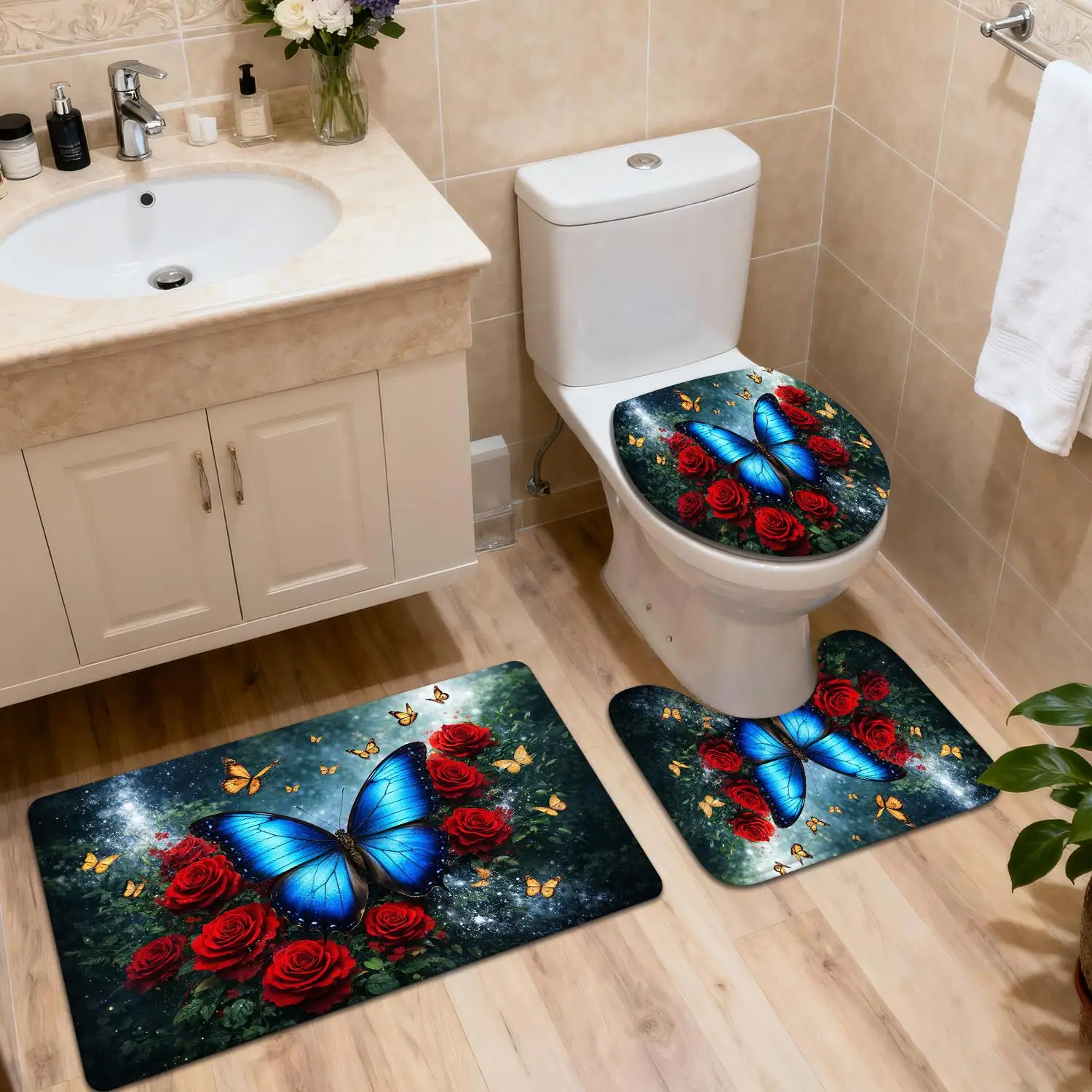3PCS Blue Butterfly and Red Rose Pattern Bathroom Rug Set Romantic Floral Toilet Mat Non Slip FloorMatsWater Absorbent HomeDecor
3PCS Blue Butterfly and Red Rose Pattern Bathroom Rug Set Romantic Floral Toilet Mat Non Slip FloorMatsWater Absorbent HomeDecor
