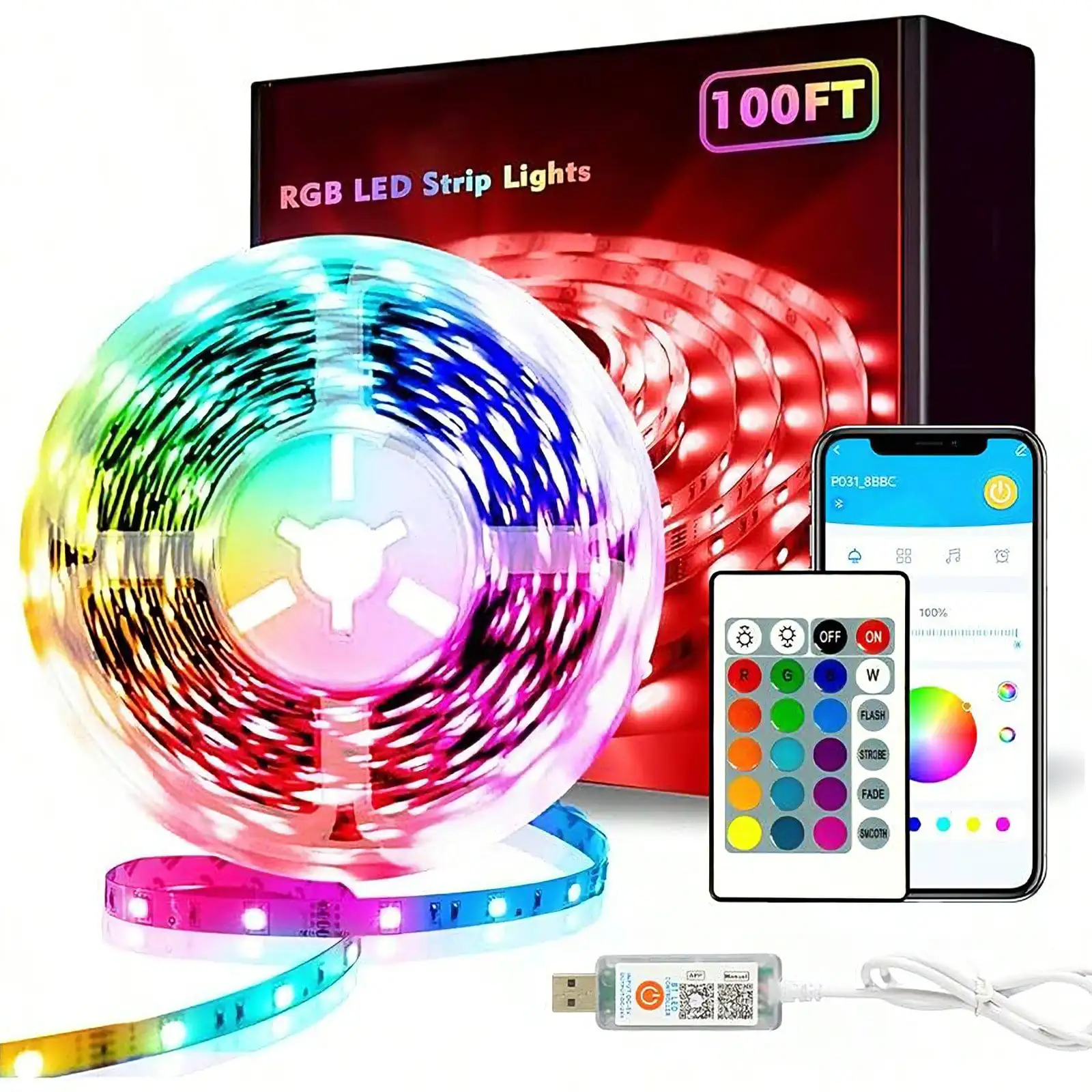 100ft USB Powered RGB Strip Lights, Bluetooth App Control, Music Sync Color Changing LED Lights With Built-In Mic & Remote, LED Lighting For Bedroom Room Decor
100ft USB Powered RGB Strip Lights, Bluetooth App Control, Music Sync Color Changing LED Lights With Built-In Mic & Remote, LED Lighting For Bedroom Room Decor