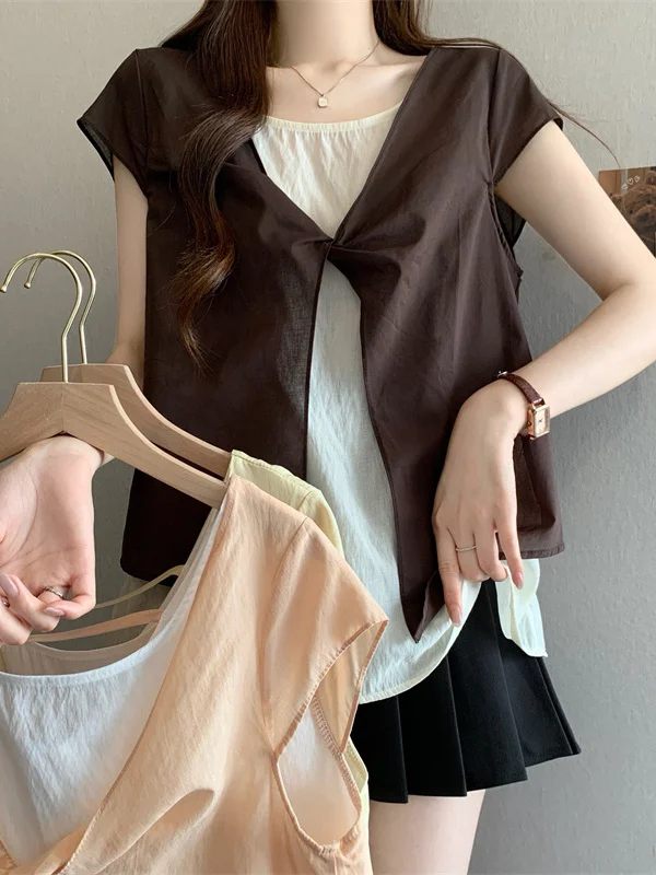 plus Size Short Sleeve Shirt Korean Style Twist Knot Color Block Slimming Versatile Design Summer New Arrival Women's Top
plus Size Short Sleeve Shirt Korean Style Twist Knot Color Block Slimming Versatile Design Summer New Arrival Women's Top
