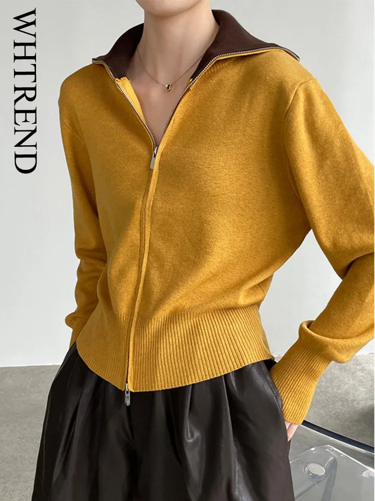 WHTREND Дизайнерский свитер с двойной молнией и воротником с лацканами для женщин, тонкий вязаный топ с цветными блоками, новинка 202, осень-зима WH1770
WHTREND Дизайнерский свитер с двойной молнией и воротником с лацканами для женщин, тонкий вязаный топ с цветными блоками, новинка 202, осень-зима WH1770