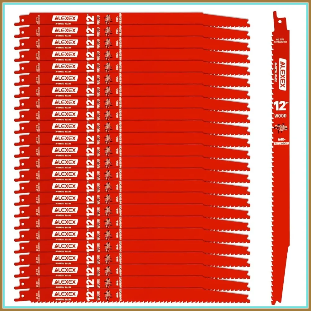25 Pack 12 Inch Bi-Metal Reciprocating Saw Blades for Wood and Nail-Embedded Wood, Cutting PVC Pallets
25 Pack 12 Inch Bi-Metal Reciprocating Saw Blades for Wood and Nail-Embedded Wood, Cutting PVC Pallets