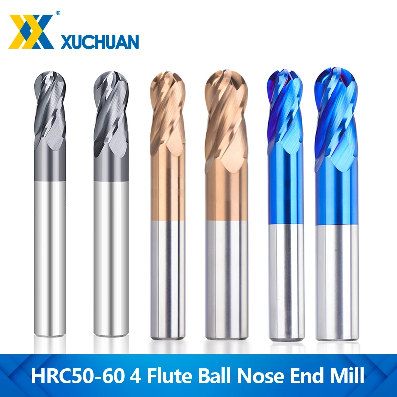 XUCHUAN HRC50 4 Flute Ball Nose End Mill R0.5-R8 High Hardness Carbide CNC Machine Milling Tool Spiral Milling Cutter for Steel
XUCHUAN HRC50 4 Flute Ball Nose End Mill R0.5-R8 High Hardness Carbide CNC Machine Milling Tool Spiral Milling Cutter for Steel