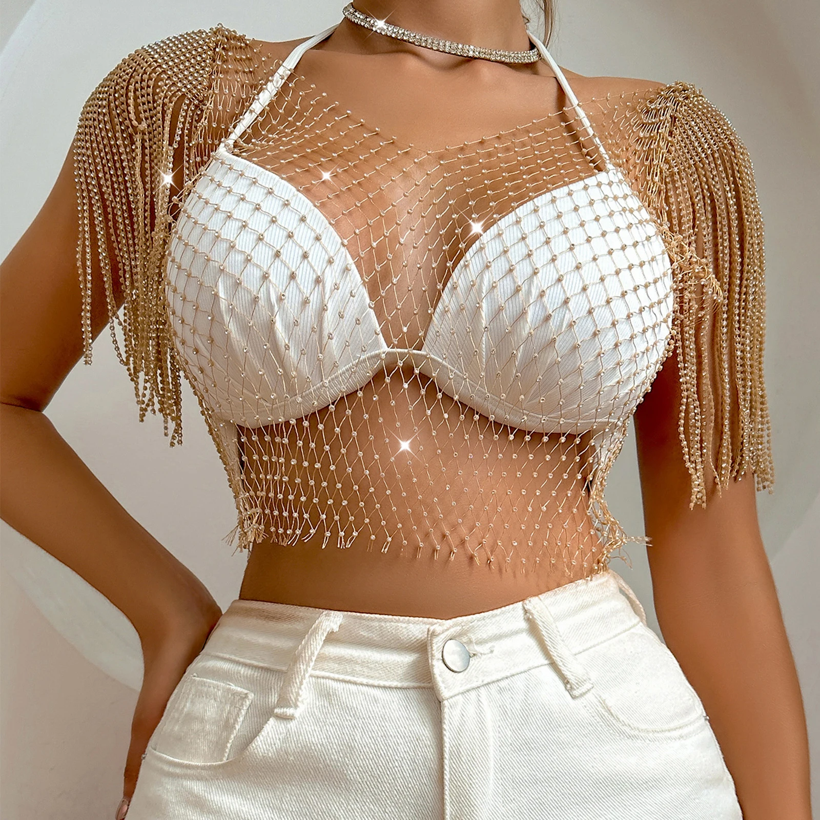 Ladies' Rhinestone Sexy Fishing Net Top Sparkling Diamond Mesh Women'S Short Sleeved Vest Sexy Lingerie Bra
Ladies' Rhinestone Sexy Fishing Net Top Sparkling Diamond Mesh Women'S Short Sleeved Vest Sexy Lingerie Bra