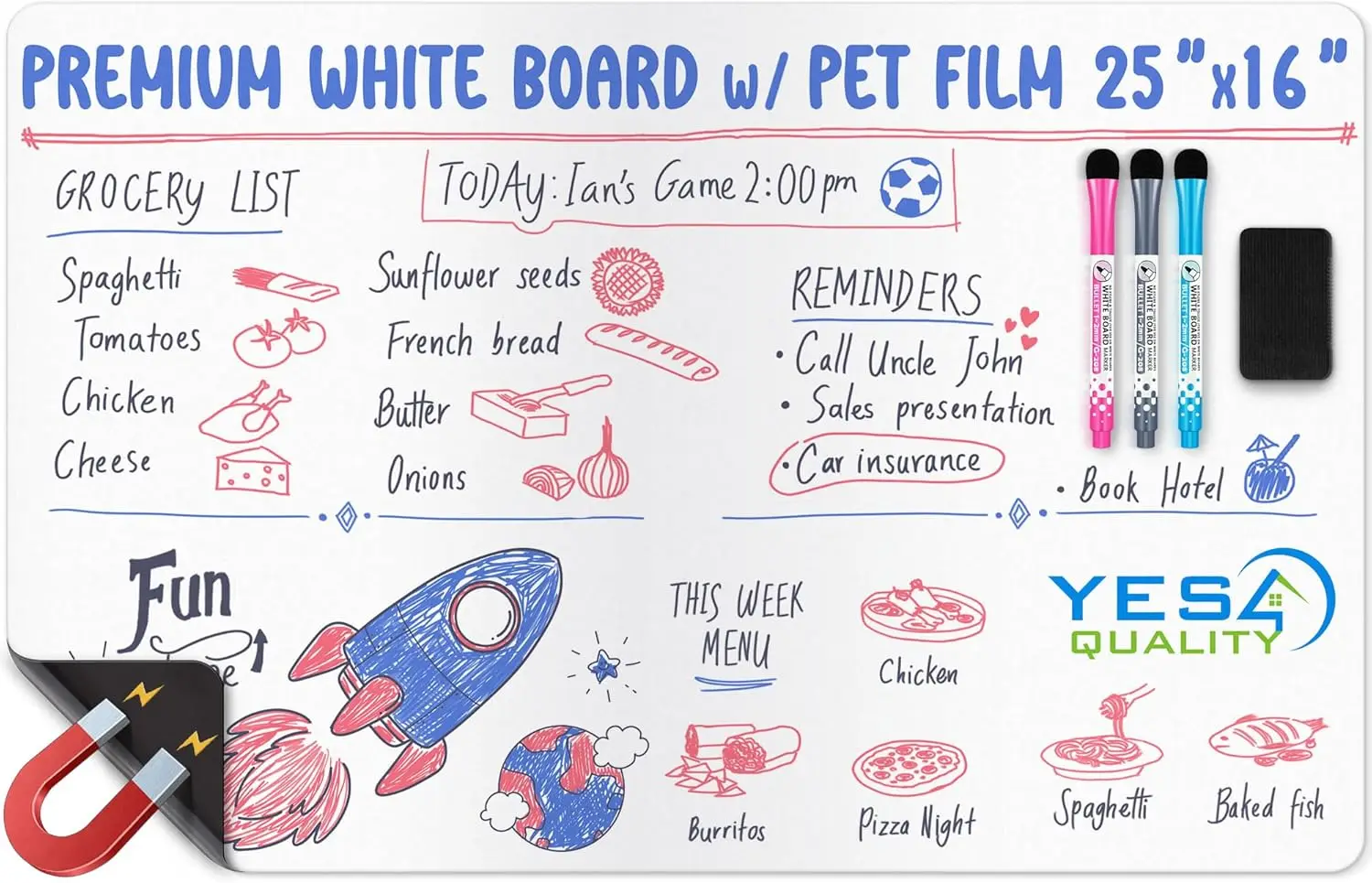 Magnetic Dry Erase White Board Sheet for Fridge - 25x16 Stain Resistant with Markers & Eraser - Kitchen Organizer Planner for
Magnetic Dry Erase White Board Sheet for Fridge - 25x16 Stain Resistant with Markers & Eraser - Kitchen Organizer Planner for