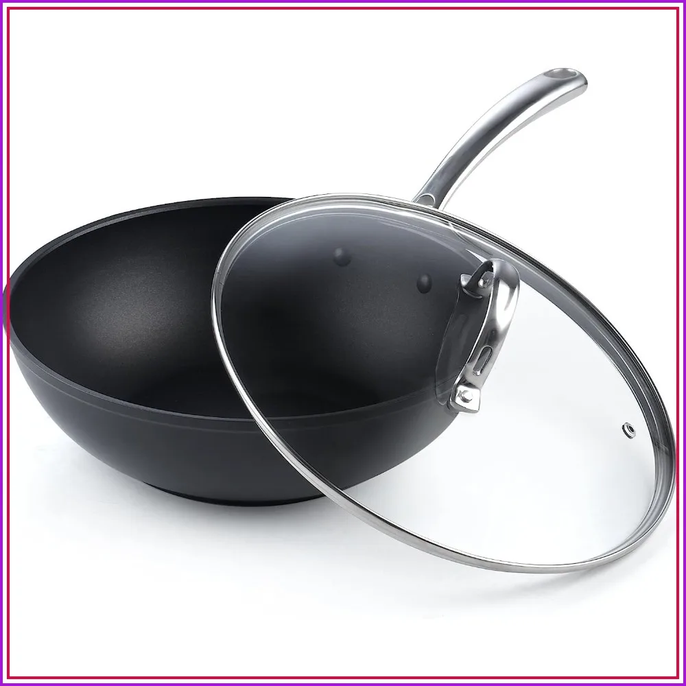 11 Inch Nonstick Wok Pan, Hard Anodized Deep Frying Pan, Flat Bottom for Stir Fry, Dishwasher & Oven Safe, Black
11 Inch Nonstick Wok Pan, Hard Anodized Deep Frying Pan, Flat Bottom for Stir Fry, Dishwasher & Oven Safe, Black