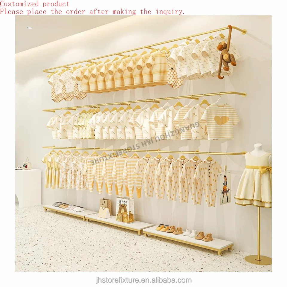 Interior Design Hanging Rack Clothes Display Wall Mounted Stainless Steel Gold Clothes Display Rack for Shop Custom
Interior Design Hanging Rack Clothes Display Wall Mounted Stainless Steel Gold Clothes Display Rack for Shop Custom