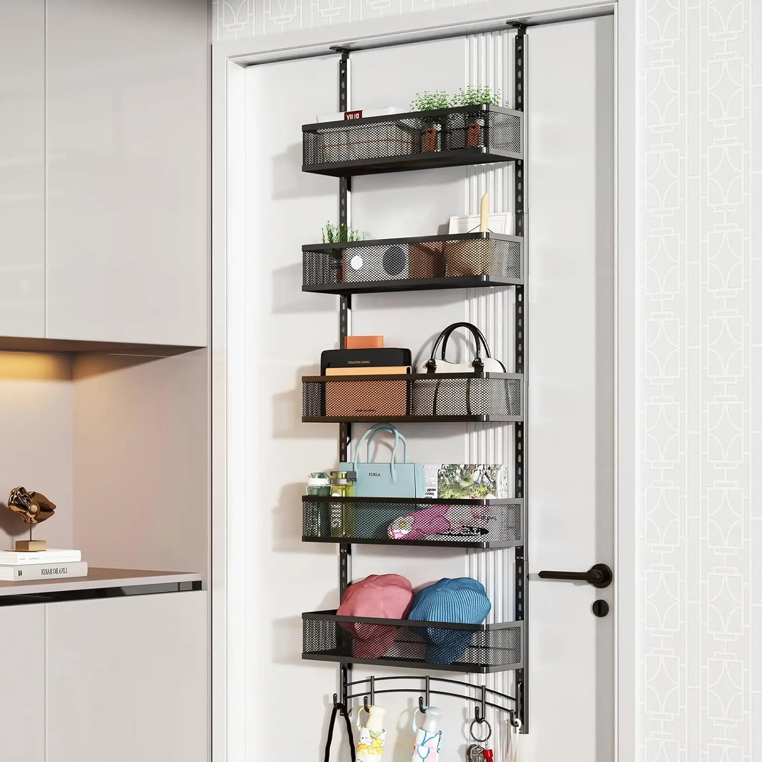 Space-Saving Over The Door Organizer with 5 Adjustable Baskets & 5 Hooks, Metal Wall Mount Storage Rack, Behind The Door Stor
Space-Saving Over The Door Organizer with 5 Adjustable Baskets & 5 Hooks, Metal Wall Mount Storage Rack, Behind The Door Stor