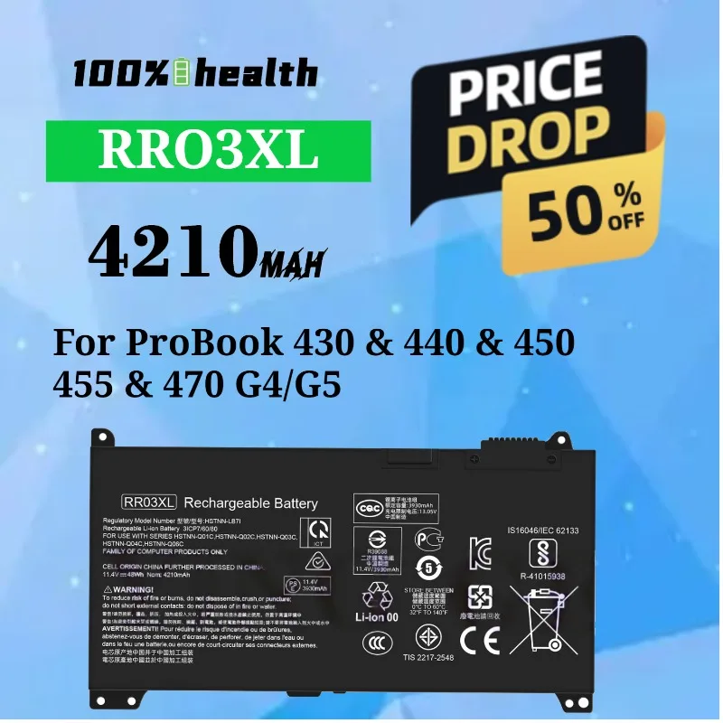 RR03XL 4210mAh Laptop Battery for HP ProBook 430/440/450/455/470 G4 G5 Lithium Rechargeable Battery
RR03XL 4210mAh Laptop Battery for HP ProBook 430/440/450/455/470 G4 G5 Lithium Rechargeable Battery