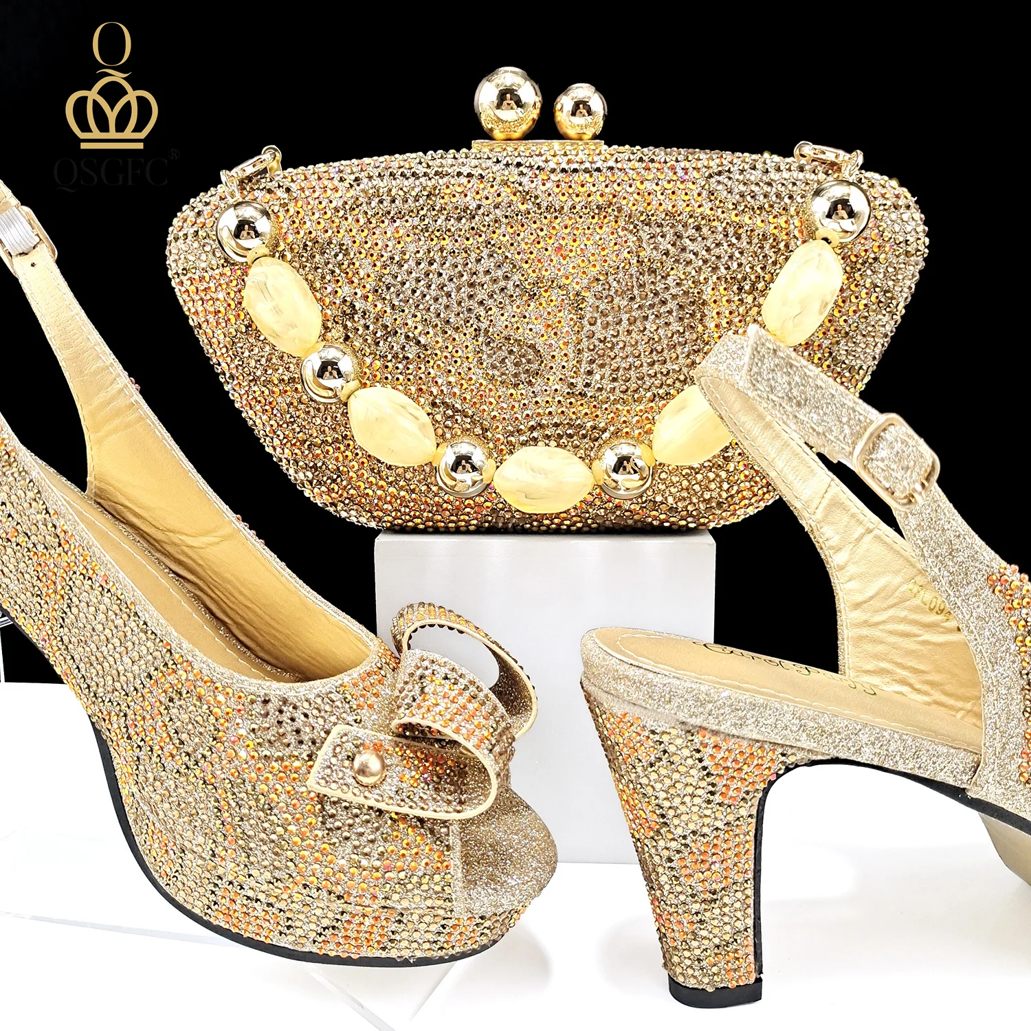 Nigeria Design Open Toe High Heels & Bag Set Gold Color blocking Hot Rhinestones Fashion Sexy High Heels
Nigeria Design Open Toe High Heels & Bag Set Gold Color blocking Hot Rhinestones Fashion Sexy High Heels