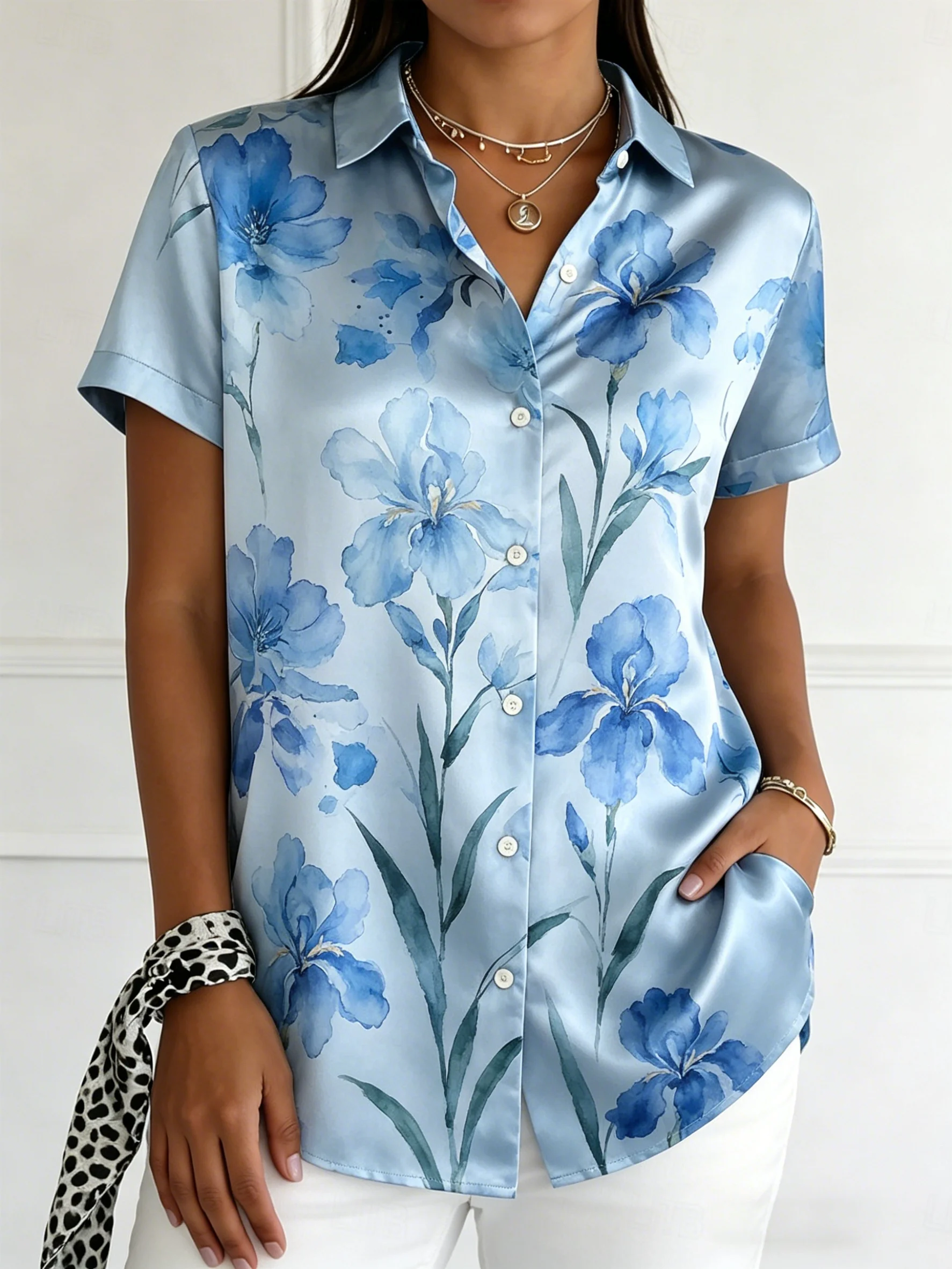 Women's Short Sleeve Lapel Watercolor Blue Iris Print Button-Up Shirt, Casual Tops for Spring Summer Daily & Office Wear
Women's Short Sleeve Lapel Watercolor Blue Iris Print Button-Up Shirt, Casual Tops for Spring Summer Daily & Office Wear