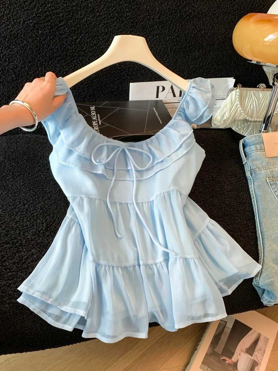 Blue Splice Lace Trim Halter Neck Summer New Style Women's Top Knot Flying Sleeve Shirt Versatile Style CJ
Blue Splice Lace Trim Halter Neck Summer New Style Women's Top Knot Flying Sleeve Shirt Versatile Style CJ