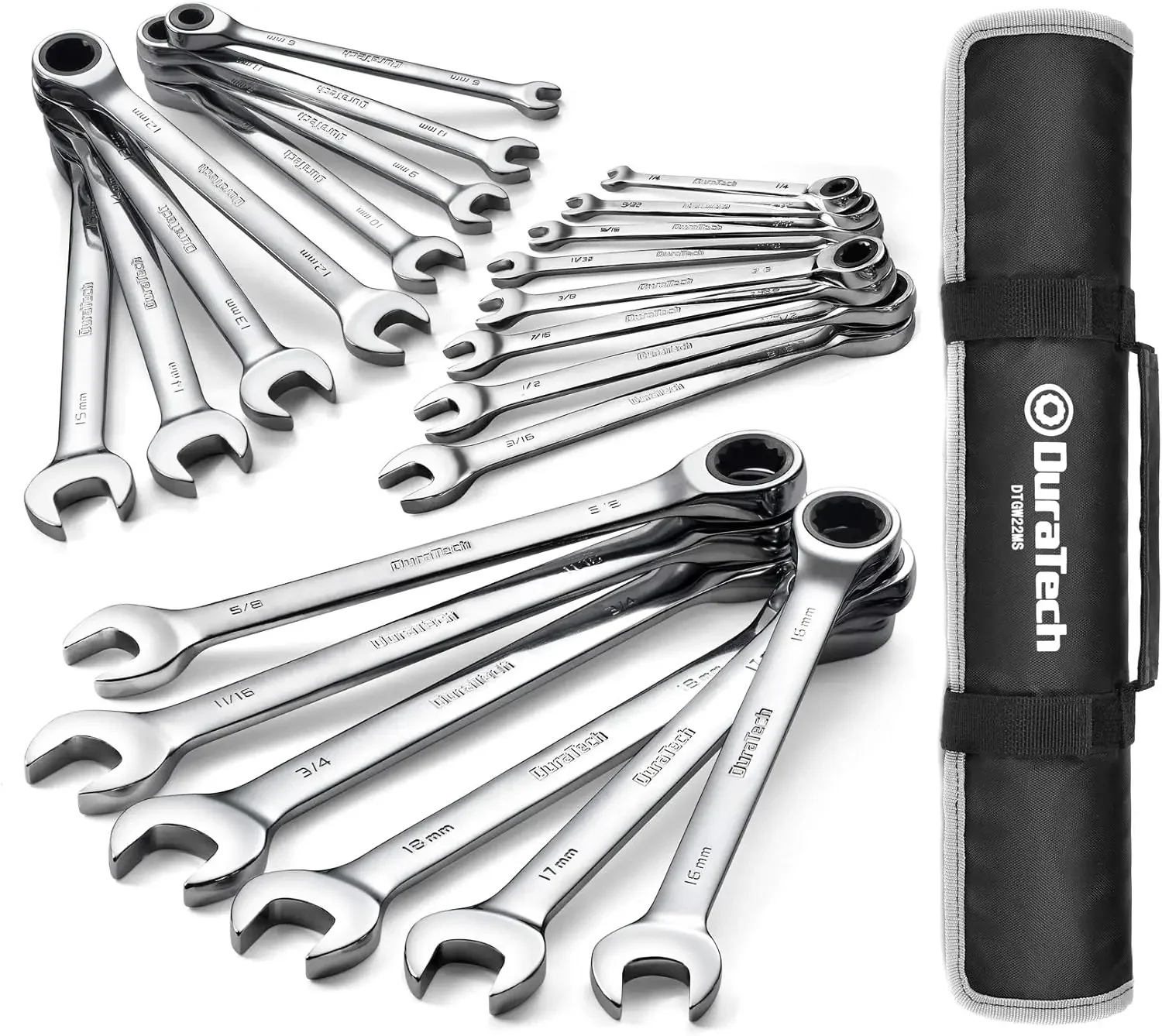 DURATECH Ratcheting Wrench Set, Combination Wrench Set, SAE & Metric, 22-piece, 1/4" to 3/4" & 6-18mm, CR-V Steel, with Pouch
DURATECH Ratcheting Wrench Set, Combination Wrench Set, SAE & Metric, 22-piece, 1/4" to 3/4" & 6-18mm, CR-V Steel, with Pouch