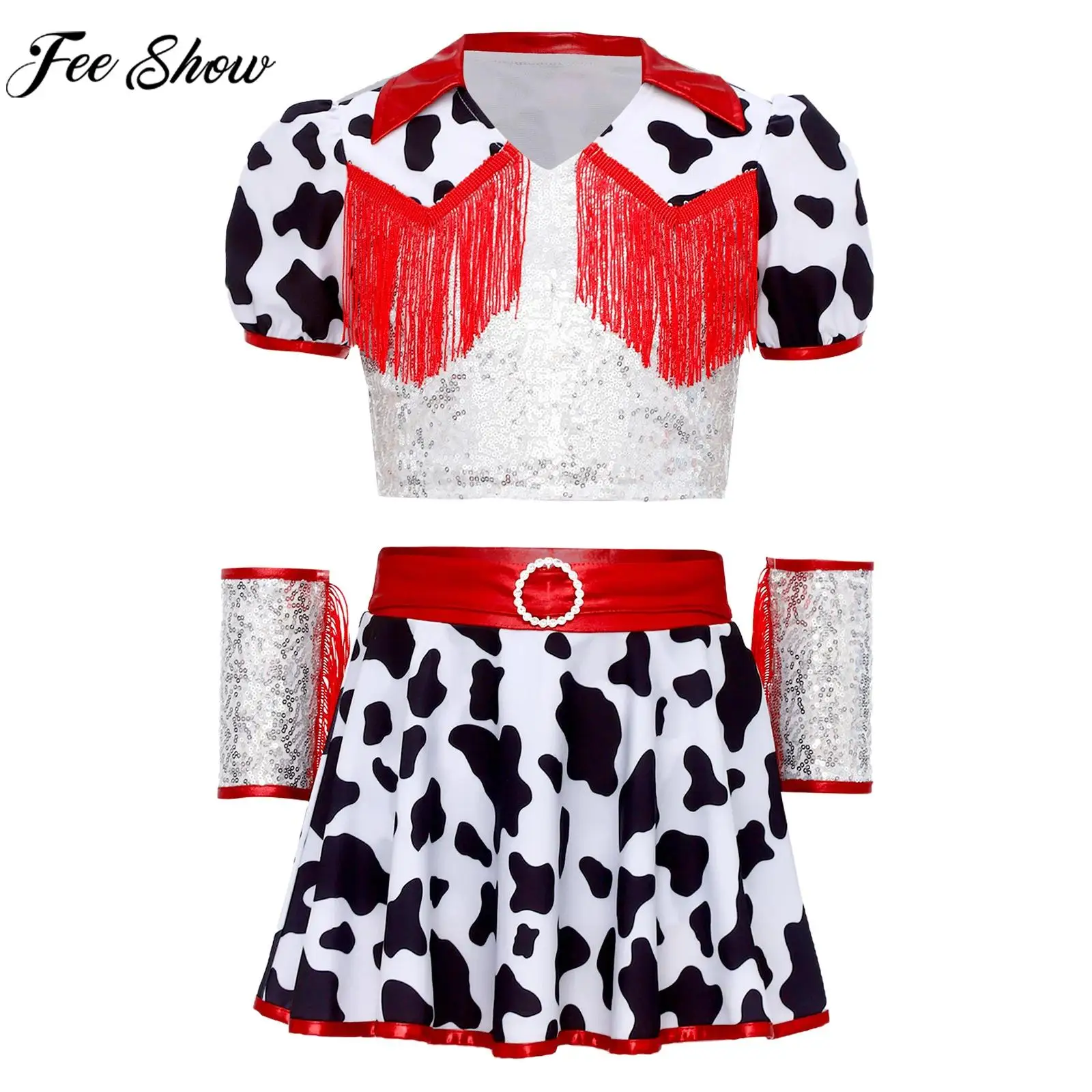 Girls Halloween Carnival Western Cowgirl Cosplay Costume Jazz Dance Outfit Print Sequin Crop Top with Culottes Tassel Cuffs Set
Girls Halloween Carnival Western Cowgirl Cosplay Costume Jazz Dance Outfit Print Sequin Crop Top with Culottes Tassel Cuffs Set
