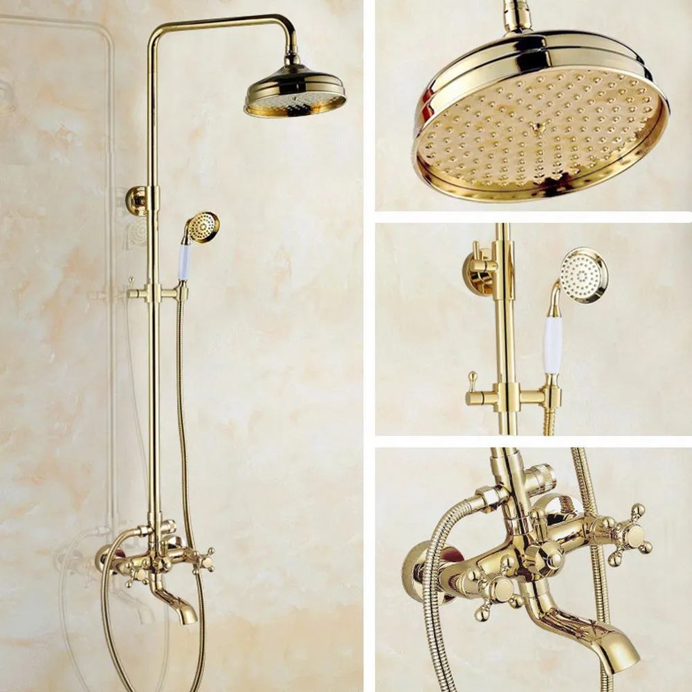 Luxury Gold Color Brass 8 inch Shower Head Bathroom Shower Faucet Sets Double Handles Mixer Tap with Tub Spout
Luxury Gold Color Brass 8 inch Shower Head Bathroom Shower Faucet Sets Double Handles Mixer Tap with Tub Spout