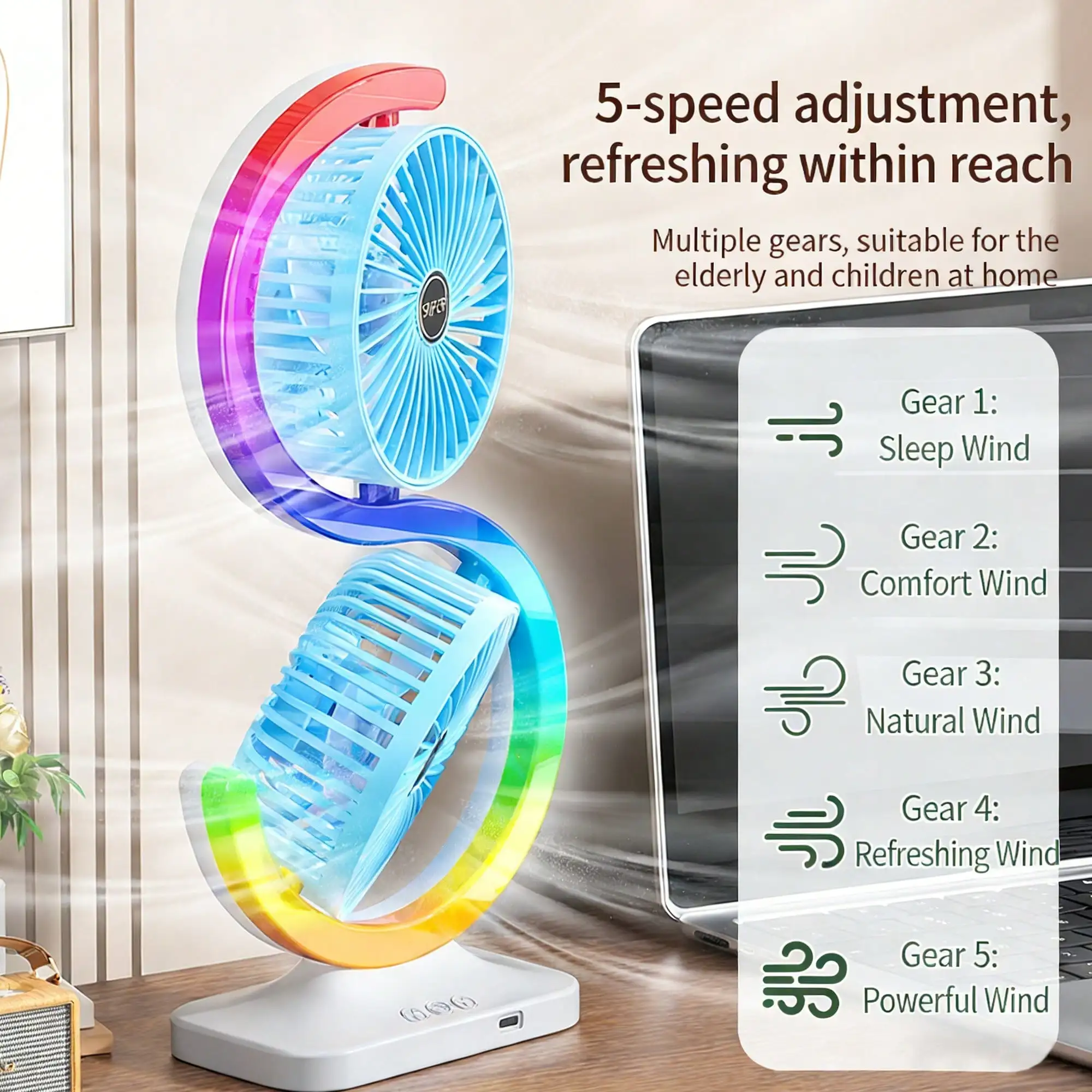 Portable Mini Fan, Dual-Head S-Shaped Desktop Fan, Equipped With 9-Level RGB Ambient Lighting, Low-Noise Operation, Multi-Speed
Portable Mini Fan, Dual-Head S-Shaped Desktop Fan, Equipped With 9-Level RGB Ambient Lighting, Low-Noise Operation, Multi-Speed