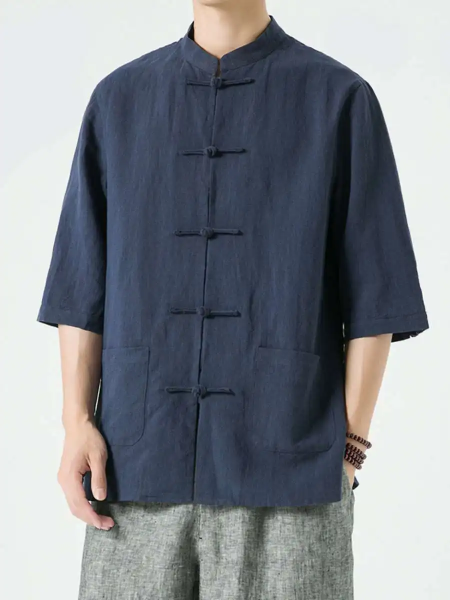 Новая летняя мужская рубашка-ханфу в китайском стиле, больших размеров, из льна и хлопка, с пуговицами, воротником-стойкой, в стиле тан, на пять пуговиц
Новая летняя мужская рубашка-ханфу в китайском стиле, больших размеров, из льна и хлопка, с пуговицами, воротником-стойкой, в стиле тан, на пять пуговиц