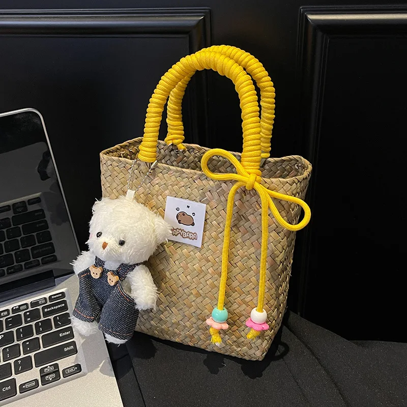 Cute Straw Woven Tote Bag for Women Yellow Rope Handle with Teddy Bear Charm Summer Beach Bag
Cute Straw Woven Tote Bag for Women Yellow Rope Handle with Teddy Bear Charm Summer Beach Bag
