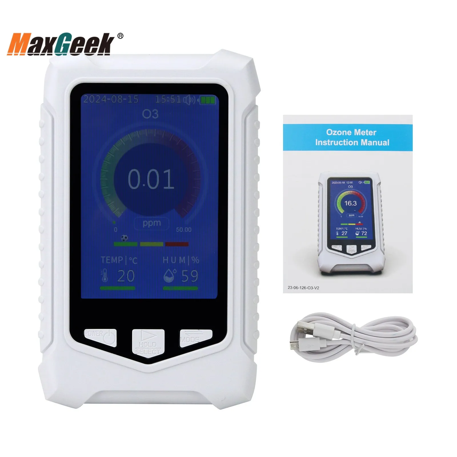 Maxgeek Handheld 0-50PPM Air Quality Monitor Ozone Meter w/ 3.5" Screen for O3 AQI Temperature and Humidity
Maxgeek Handheld 0-50PPM Air Quality Monitor Ozone Meter w/ 3.5" Screen for O3 AQI Temperature and Humidity