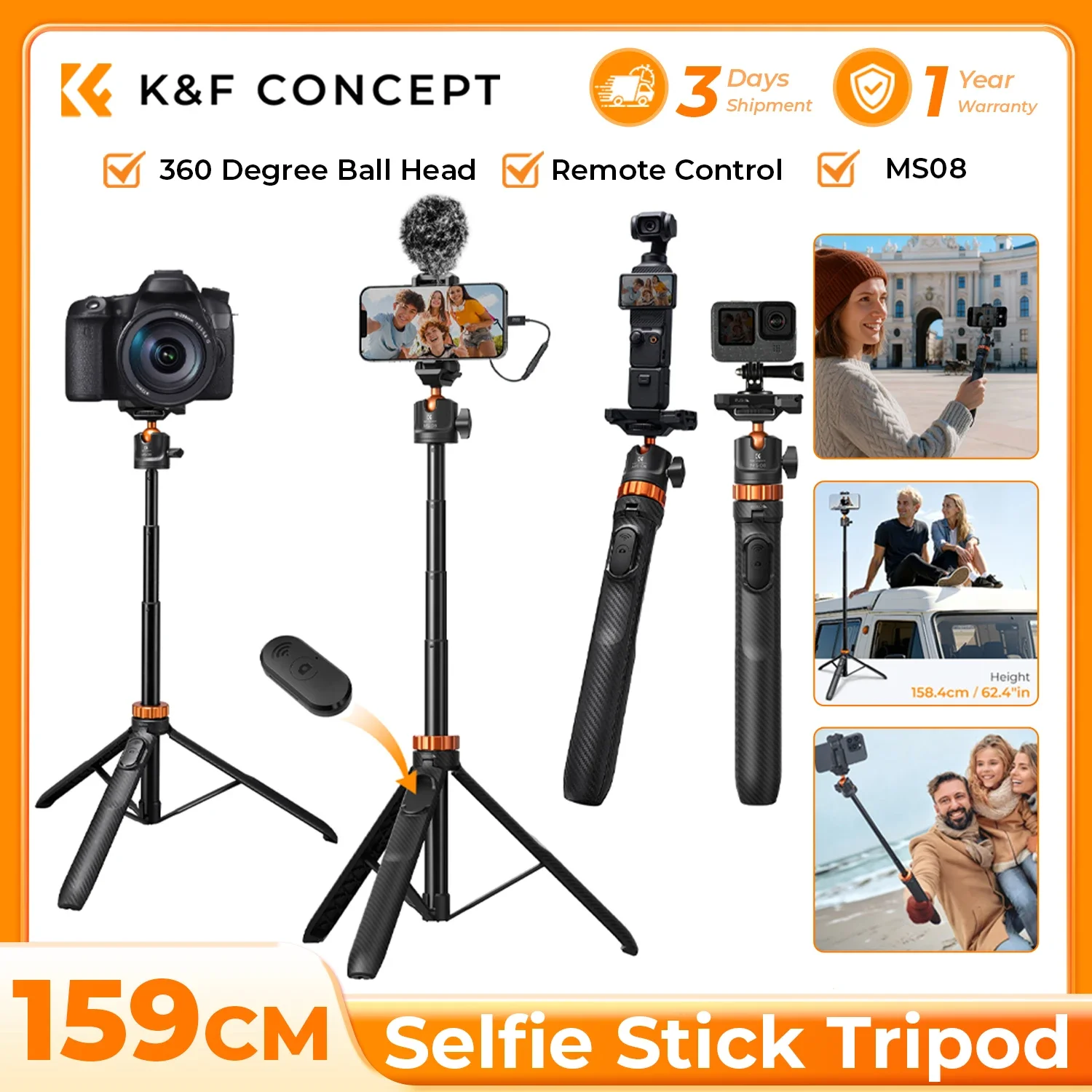 K&F CONCEPT Phone Selfie Stick Tripod 2-in-1 Extendable Cell Phone Tripod Stand with Remote 360° Ball Head for DJI Osmo Pocket3
K&F CONCEPT Phone Selfie Stick Tripod 2-in-1 Extendable Cell Phone Tripod Stand with Remote 360° Ball Head for DJI Osmo Pocket3