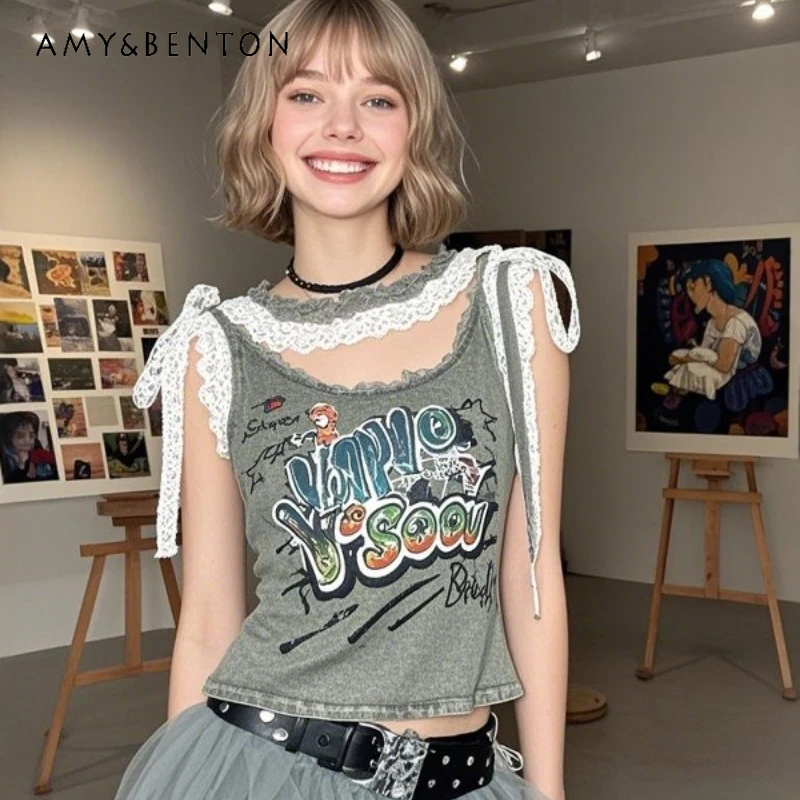 Original Personalized Graffiti Letter Lace Splicing Women's Short Vest American Retro Sweet Cool Versatile Thin T-shirt Ladies
Original Personalized Graffiti Letter Lace Splicing Women's Short Vest American Retro Sweet Cool Versatile Thin T-shirt Ladies