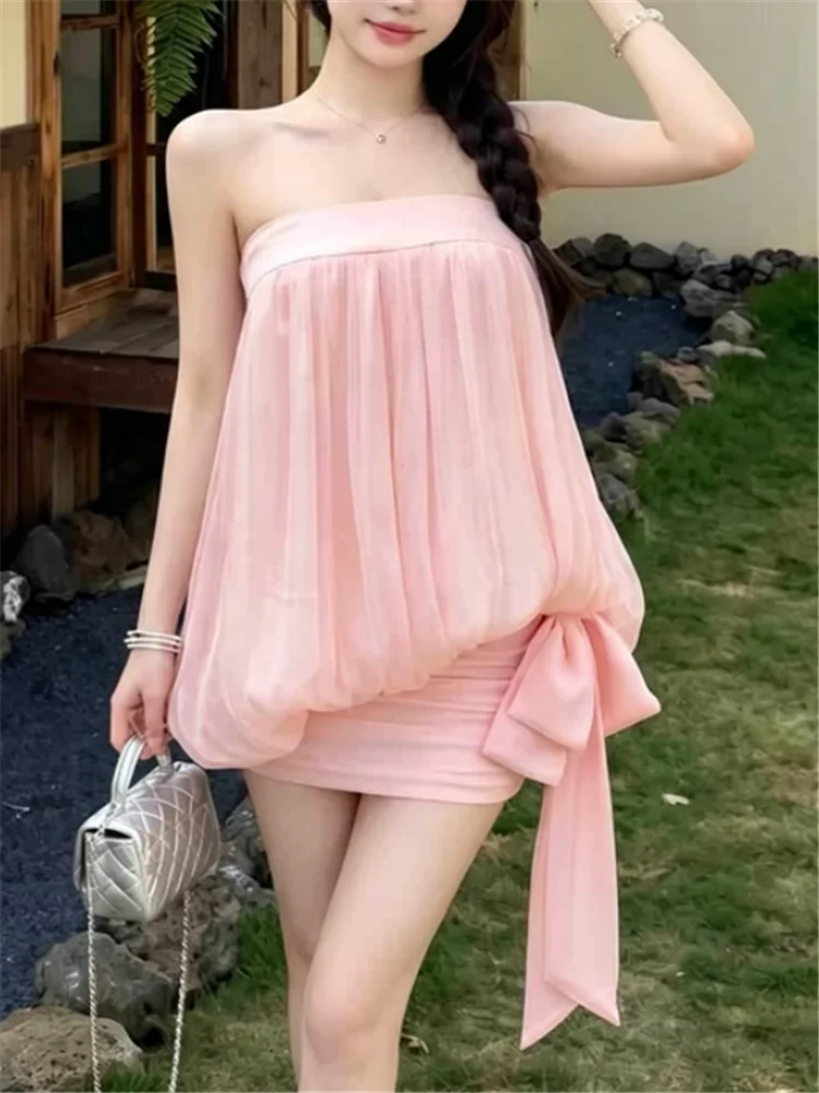 Summer Romantic Dating Pink Dress Resort Style Two Pieces Strapless Slash Neck Loose Pleated Bud Vest Top&Mini Bow Skirt Sets
Summer Romantic Dating Pink Dress Resort Style Two Pieces Strapless Slash Neck Loose Pleated Bud Vest Top&Mini Bow Skirt Sets