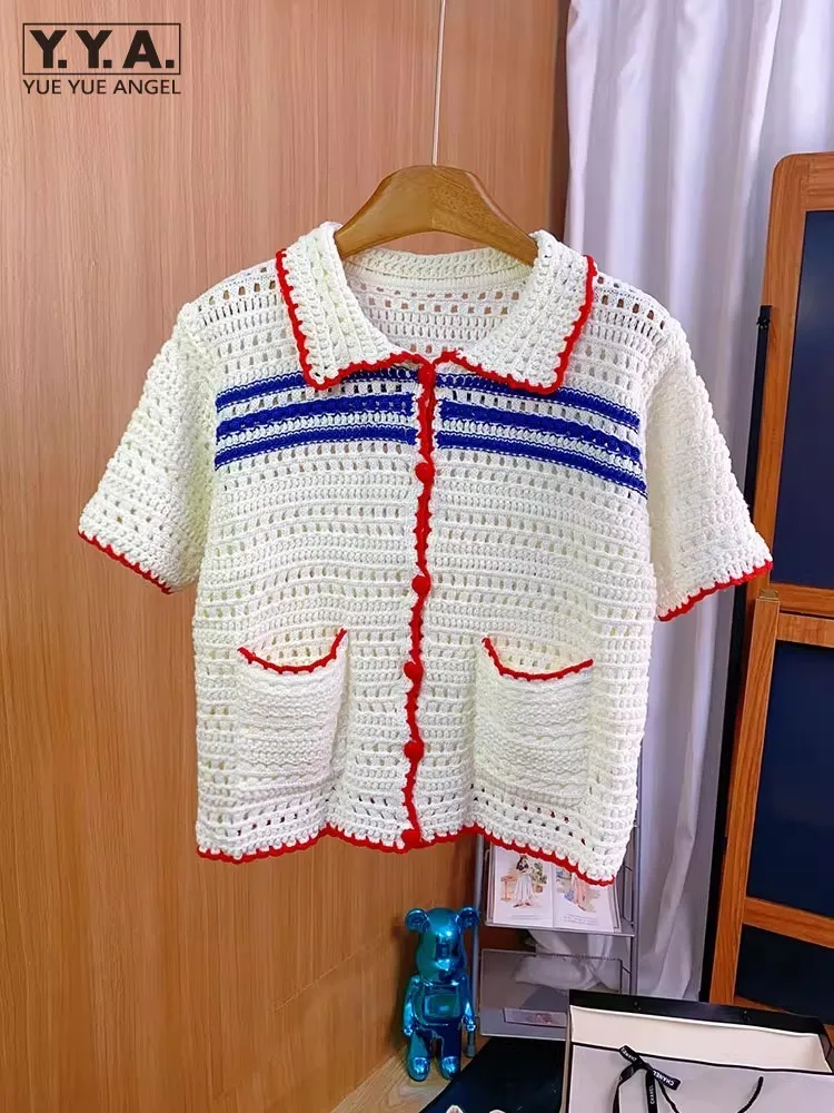 Summer Women Vintage Mixed Colors Striped Knitted Shirt Sweet Ladies Single Breasted Short Sleeve Hollow Out Crochet Tops Shirts
Summer Women Vintage Mixed Colors Striped Knitted Shirt Sweet Ladies Single Breasted Short Sleeve Hollow Out Crochet Tops Shirts