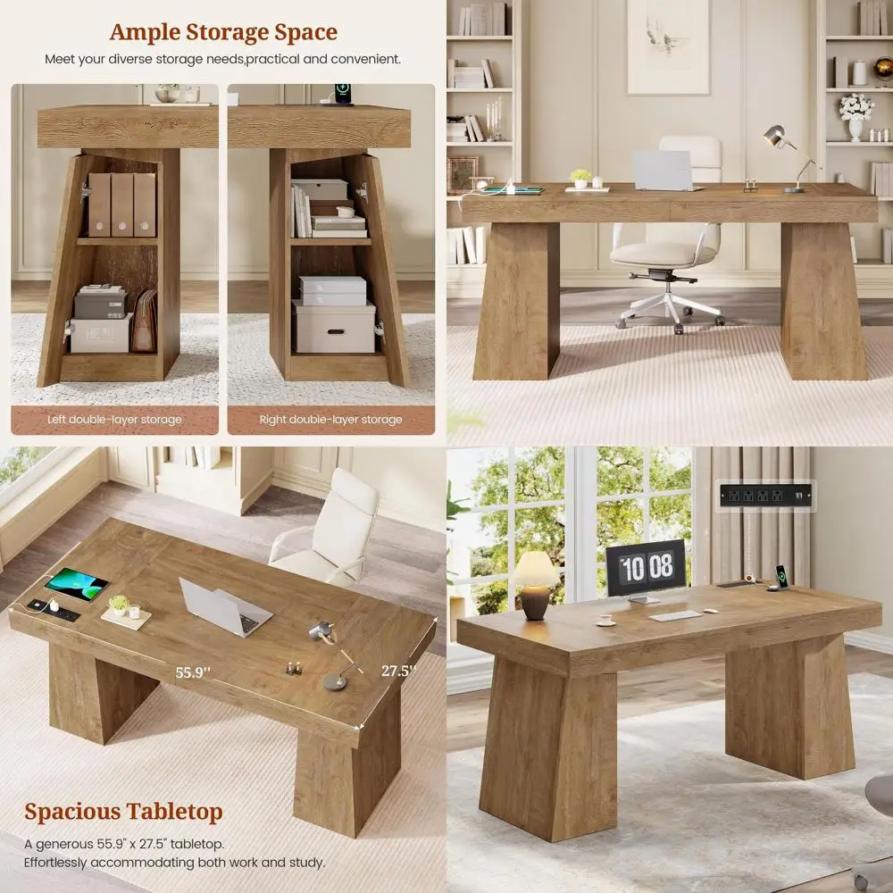 55.9 Executive Office Desk with Power Outlets and Storage Cabinet, Wooden Business Workstation Desk with Conference Table, Oak
55.9 Executive Office Desk with Power Outlets and Storage Cabinet, Wooden Business Workstation Desk with Conference Table, Oak