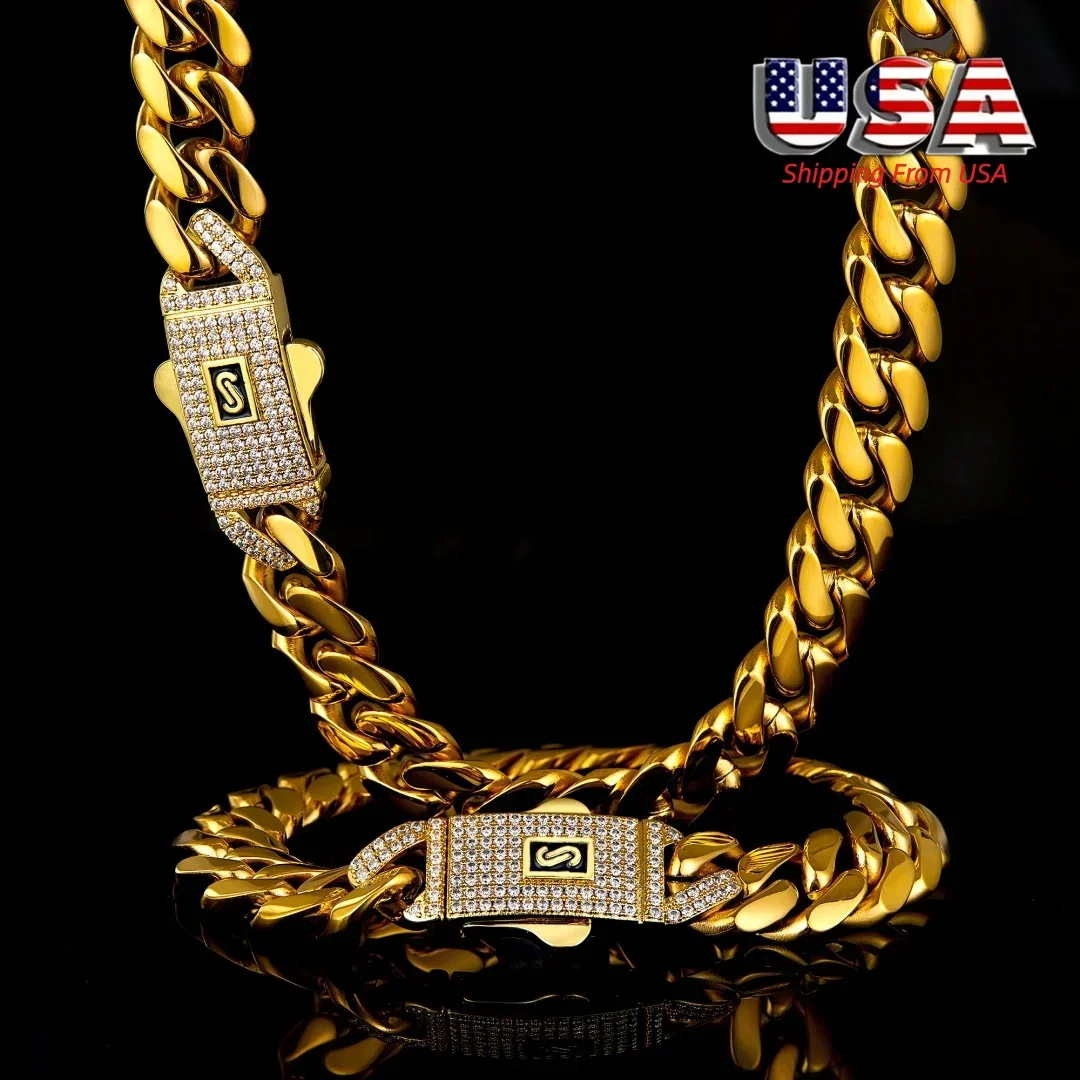 12/14mm Hip Hop Bling Iced Out Stainless Steel Spring Buckle Cuban Miami Link Chain Necklaces for Men Rapper jewelry Gold Color
12/14mm Hip Hop Bling Iced Out Stainless Steel Spring Buckle Cuban Miami Link Chain Necklaces for Men Rapper jewelry Gold Color
