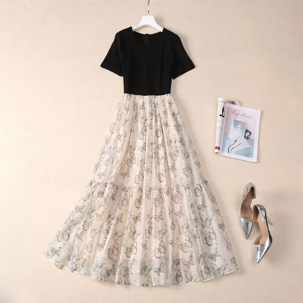 European and American women's clothing 2024 summer new Round neck Short sleeve patchwork butterfly print fashion Pleated dress
European and American women's clothing 2024 summer new Round neck Short sleeve patchwork butterfly print fashion Pleated dress