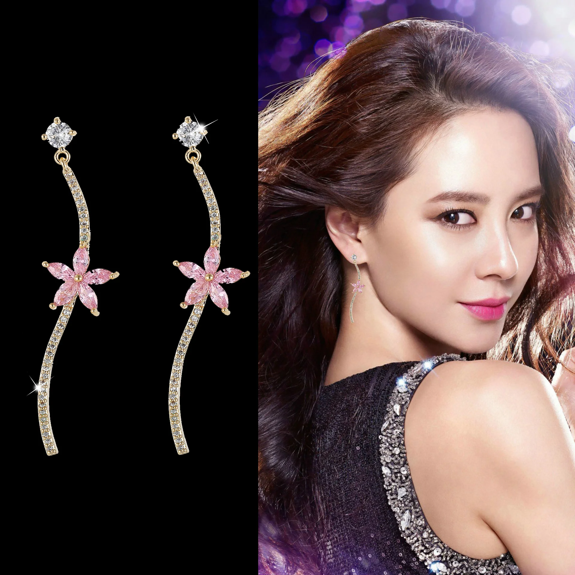 925 Silver Pink Flower Drop Earrings for Women, Gold Plated Curved Line Cubic Zircon Dangle Earrings, Bridal Jewelry
925 Silver Pink Flower Drop Earrings for Women, Gold Plated Curved Line Cubic Zircon Dangle Earrings, Bridal Jewelry