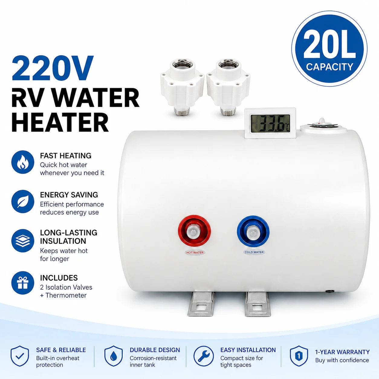 20L Electric Storage Water Heater for RVs, 220V 1000W Camper Caravan Hot Water Tank
20L Electric Storage Water Heater for RVs, 220V 1000W Camper Caravan Hot Water Tank