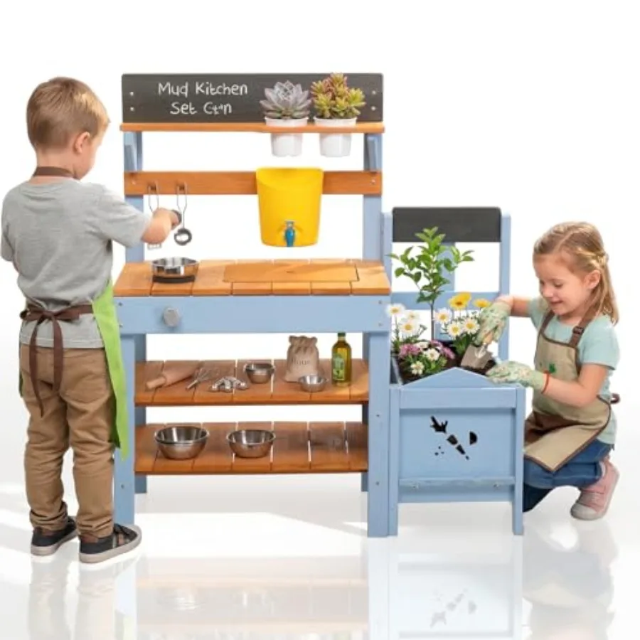 Outdoor mud kitchen for backyard pretend play, made of wood, natural brown color, includes planter box, sink, stove, pots, shel
Outdoor mud kitchen for backyard pretend play, made of wood, natural brown color, includes planter box, sink, stove, pots, shel