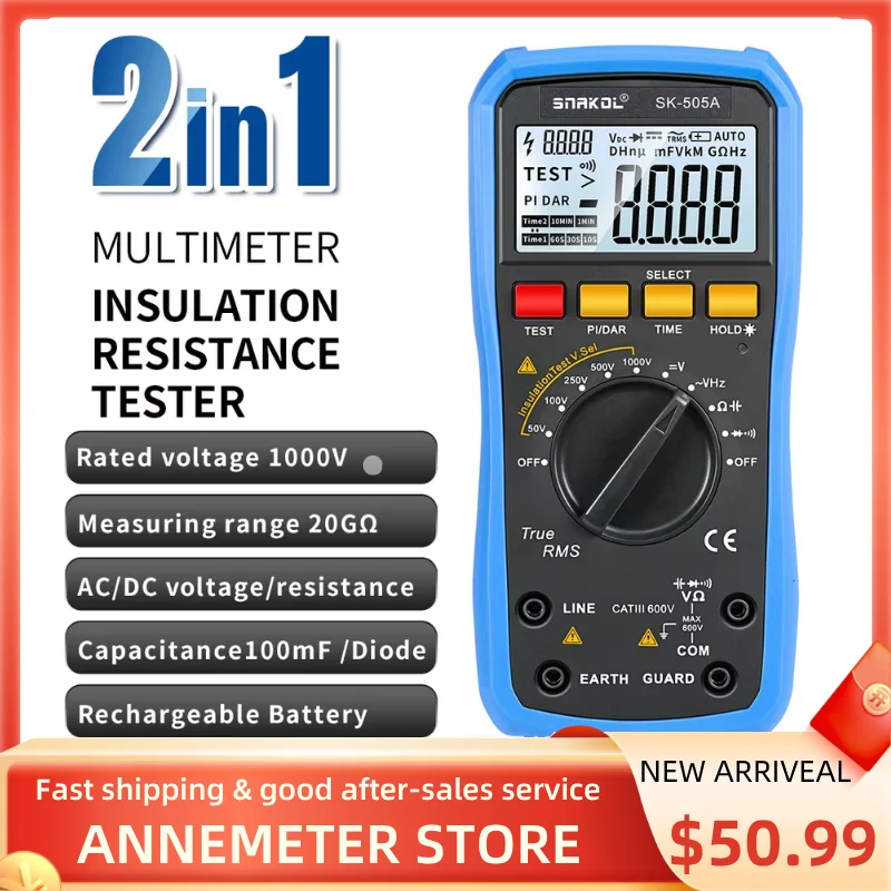 2-in-1 Digital Multimeter & Insulation Resistance Tester, 1000V Megohmmeter, AC/DC Voltmeter & Resistor Meter
2-in-1 Digital Multimeter & Insulation Resistance Tester, 1000V Megohmmeter, AC/DC Voltmeter & Resistor Meter