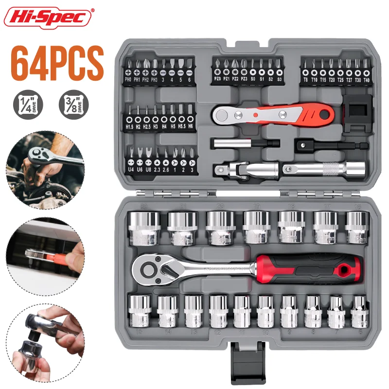 Hi-Spec 64PC 3/8" Drive Socket Bit Set 72-T Ratchet Wrench Set CRV Socket Set Universal Joint mechanical workshop tool
Hi-Spec 64PC 3/8" Drive Socket Bit Set 72-T Ratchet Wrench Set CRV Socket Set Universal Joint mechanical workshop tool