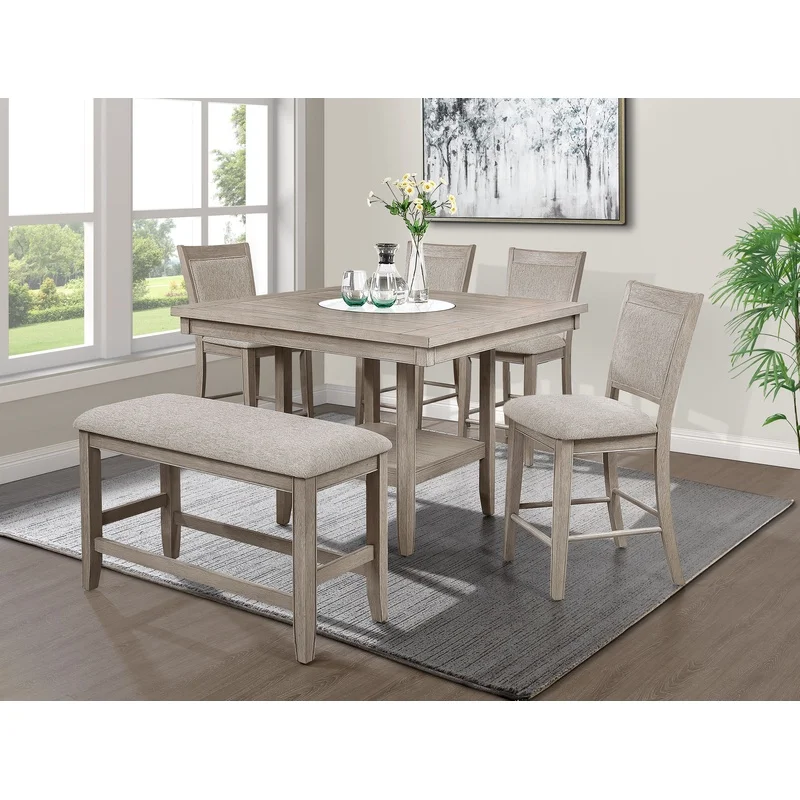 6-Piece Contemporary Farmhouse Dining Set, Counter Height, White Faux Marble Lazy Susan, Solid Wood Table, Upholstered Chairs and Bench, Tan Beige Gray Finish
6-Piece Contemporary Farmhouse Dining Set, Counter Height, White Faux Marble Lazy Susan, Solid Wood Table, Upholstered Chairs and Bench, Tan Beige Gray Finish