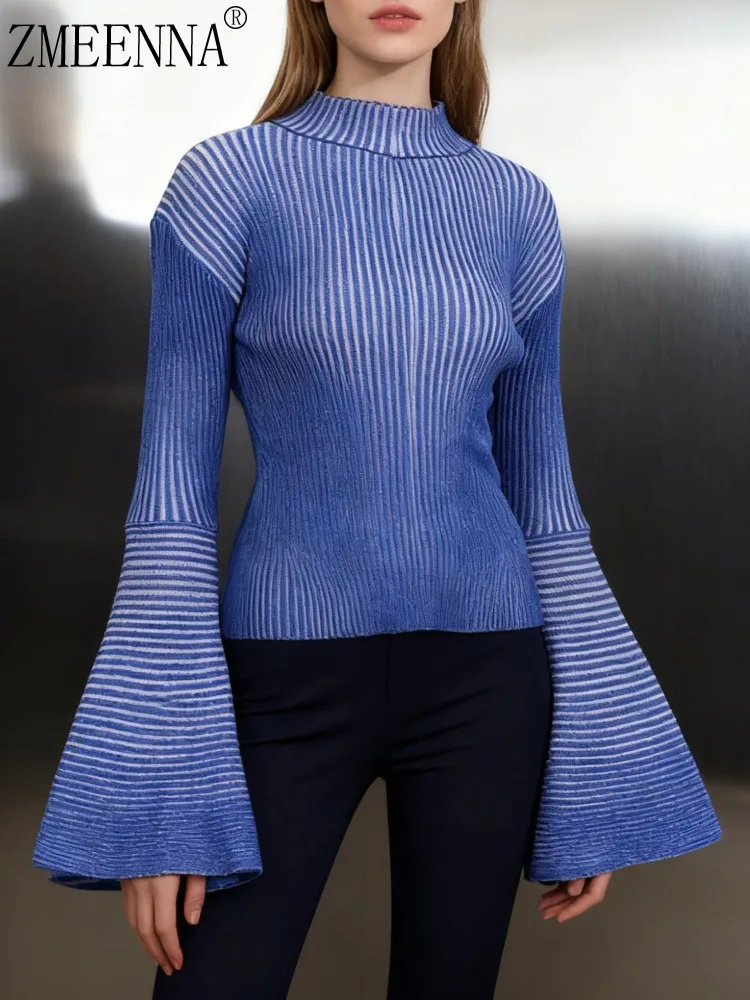 ZMEENNA женский вязаный свитер с воротником-стойкой, пуловер, топ с длинными расклешенными рукавами, облегающий модный джемпер, синий, белый цвет ZM4351 
ZMEENNA женский вязаный свитер с воротником-стойкой, пуловер, топ с длинными расклешенными рукавами, облегающий модный джемпер, синий, белый цвет ZM4351
