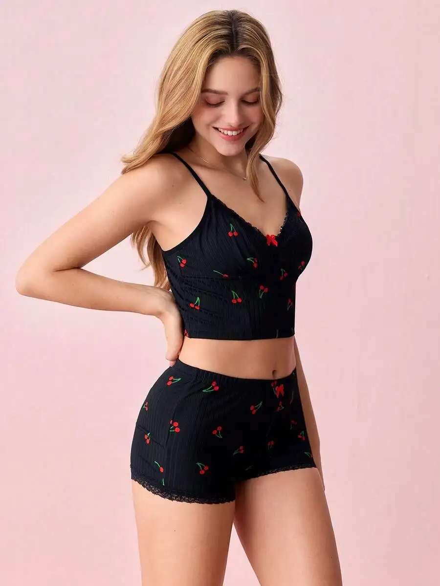Cherry Print Lace Trim Cami Top And Shorts Pajama Set For Women
Cherry Print Lace Trim Cami Top And Shorts Pajama Set For Women