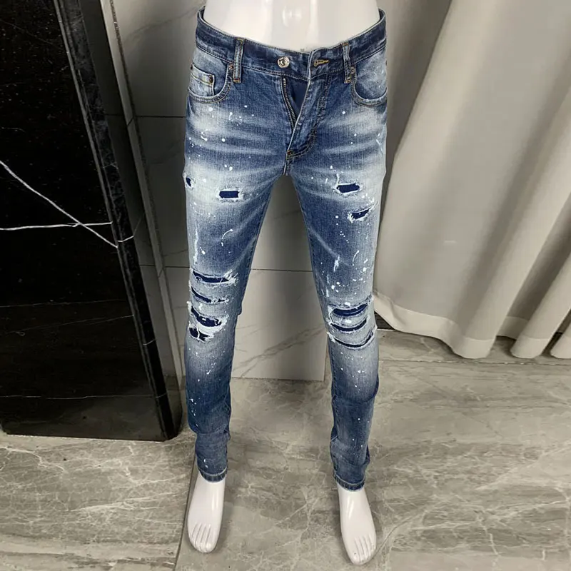 High Street Fashion Men Jeans Retro Blue Stretch Slim Fit Patched Ripped Jeans Men Painted Designer Brand Hip Hop Denim Pants
High Street Fashion Men Jeans Retro Blue Stretch Slim Fit Patched Ripped Jeans Men Painted Designer Brand Hip Hop Denim Pants