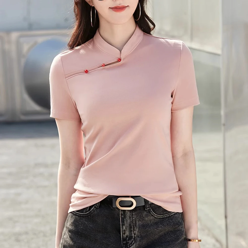 Chinese style pink pure cotton short sleeved T-shirt for women's clothing, new summer stand up collar plus size casual short top
Chinese style pink pure cotton short sleeved T-shirt for women's clothing, new summer stand up collar plus size casual short top