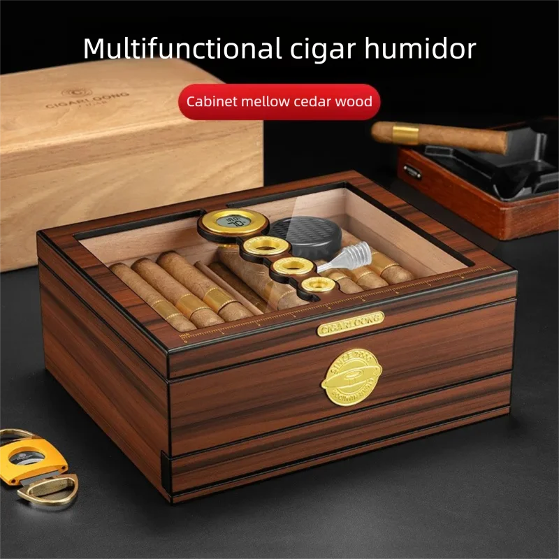 Cedar Wood Cigar Humidor with Transparent Skylight Hygrometer Humidifier Ruler Ring Diameter Measurement And Drawer Design
Cedar Wood Cigar Humidor with Transparent Skylight Hygrometer Humidifier Ruler Ring Diameter Measurement And Drawer Design