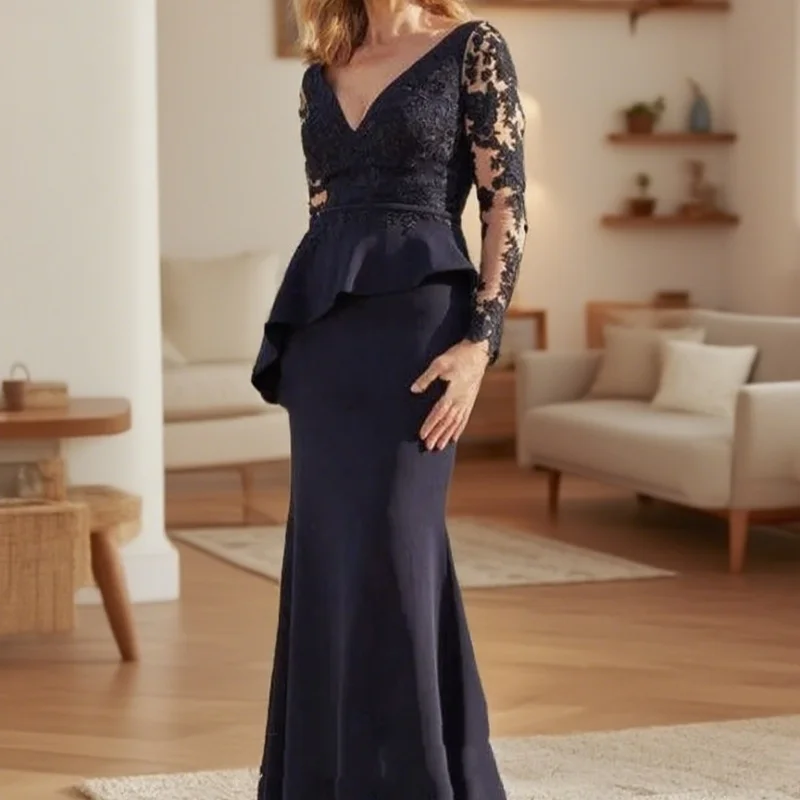 Lace Appliques Long Sleeves Mother Of The Bride Dress V-Neck Satin Elegant Black Mermaid Mother's Formal Dresses Customized
Lace Appliques Long Sleeves Mother Of The Bride Dress V-Neck Satin Elegant Black Mermaid Mother's Formal Dresses Customized