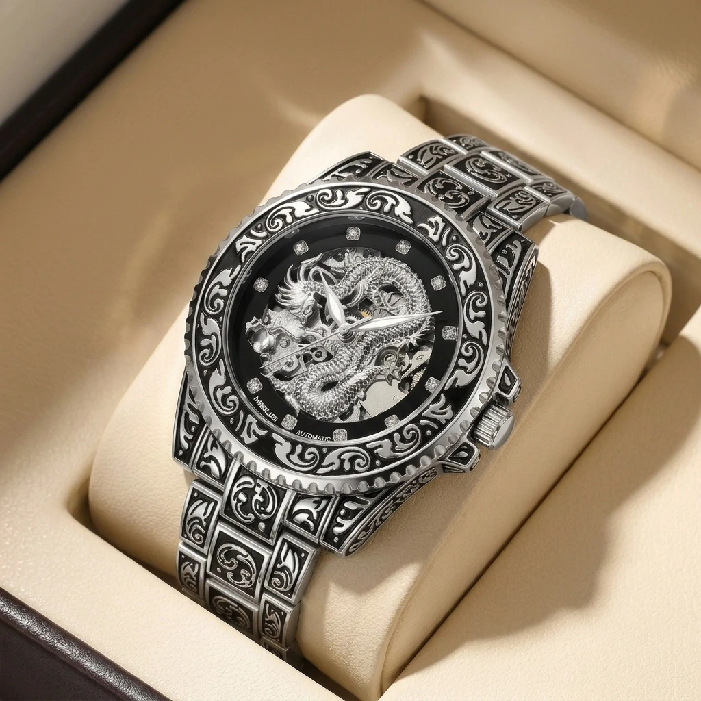 1pc Automatic Mechanical Watch Pattern Engraved Strap Dragon Design Fashion Watch, Domineering Model
1pc Automatic Mechanical Watch Pattern Engraved Strap Dragon Design Fashion Watch, Domineering Model