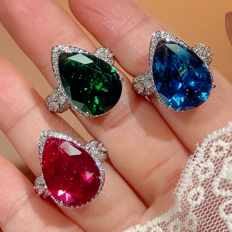 Adjustable Water Drop Emerald Ring 13*18mm Big Green Blue Ruby Zircon Wedding Band for Women Luxury Statement Jewelry Gift
Adjustable Water Drop Emerald Ring 13*18mm Big Green Blue Ruby Zircon Wedding Band for Women Luxury Statement Jewelry Gift