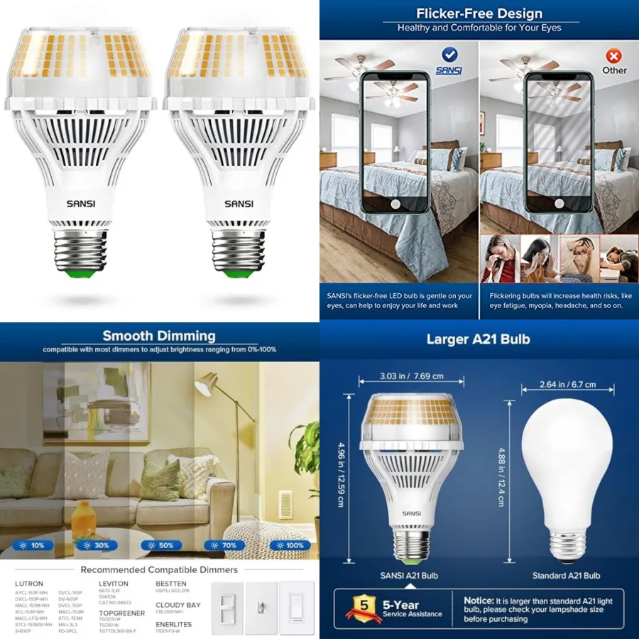LED Light Bulbs Dimmable, 250W Equivalent Large A21 E26 4000LM 3000K, 27W Flicker Free, Super Bright, CRI 85, 22-Year Lifetime
LED Light Bulbs Dimmable, 250W Equivalent Large A21 E26 4000LM 3000K, 27W Flicker Free, Super Bright, CRI 85, 22-Year Lifetime