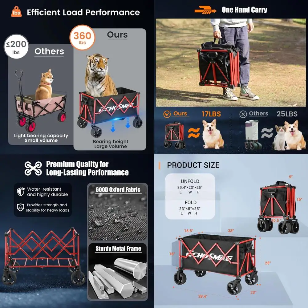 Heavy-Duty Collapsible Utility Wagon with All-Terrain Wheels, 360lbs Capacity for Outdoor Activities, Camping, Beach, Shopping,
Heavy-Duty Collapsible Utility Wagon with All-Terrain Wheels, 360lbs Capacity for Outdoor Activities, Camping, Beach, Shopping,