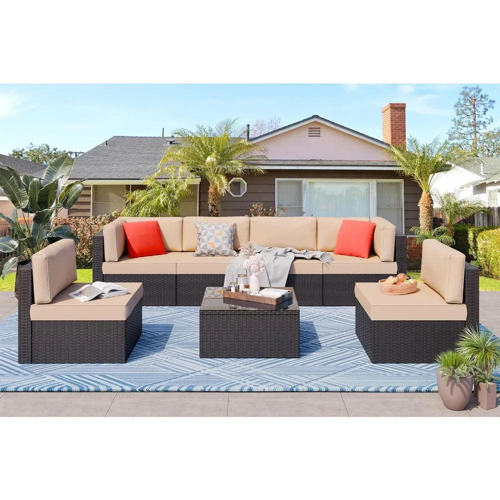 7 Pieces Outdoor Patio Furniture Sets, Outdoor Sectional Rattan Sofa, with Cushion, Glass Table, (Beige) Garden Furniture Sets
7 Pieces Outdoor Patio Furniture Sets, Outdoor Sectional Rattan Sofa, with Cushion, Glass Table, (Beige) Garden Furniture Sets